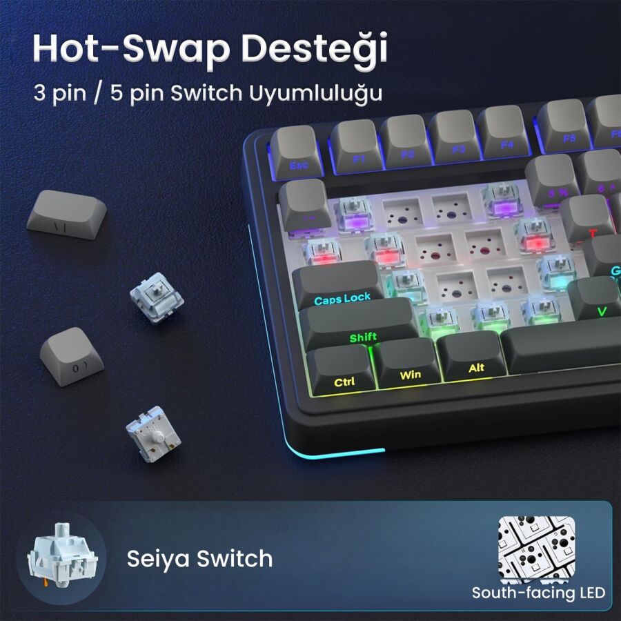 Aula S75 Pro Mekanik RGB TKL Seiya Switch Kablosuz Makrolu Hot Swap Klavye Gradyan Gri - 6