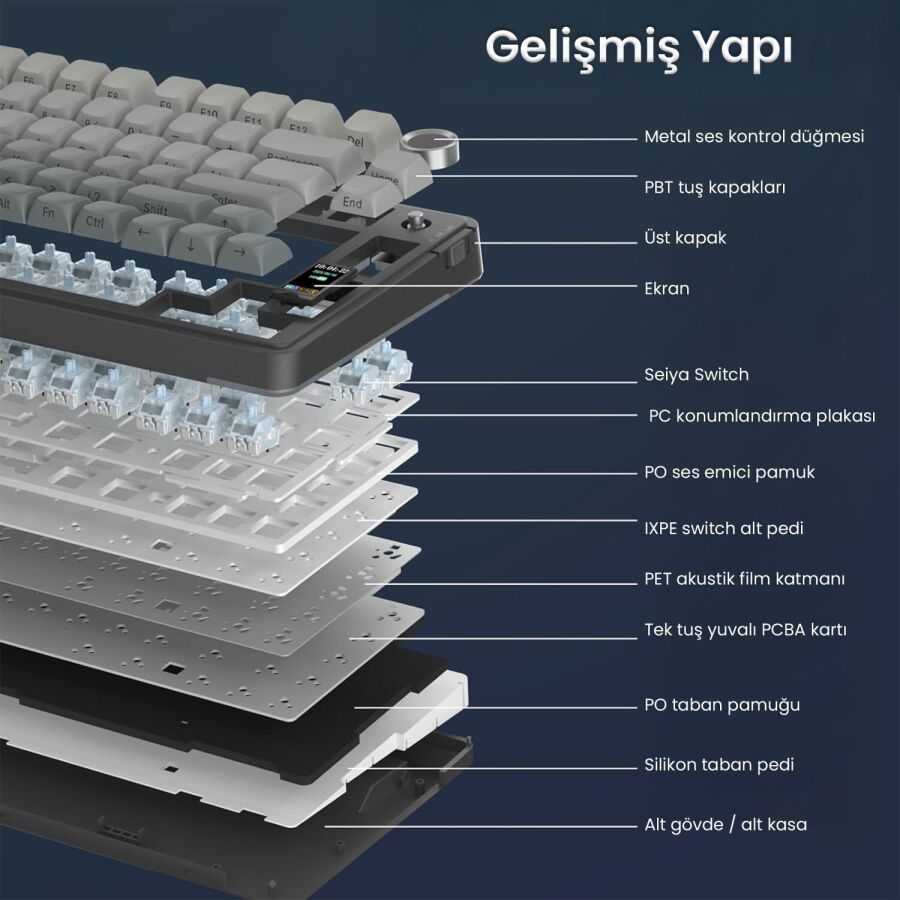 Aula S75 Pro Mekanik RGB TKL Seiya Switch Kablosuz Makrolu Hot Swap Klavye Gradyan Gri - 7