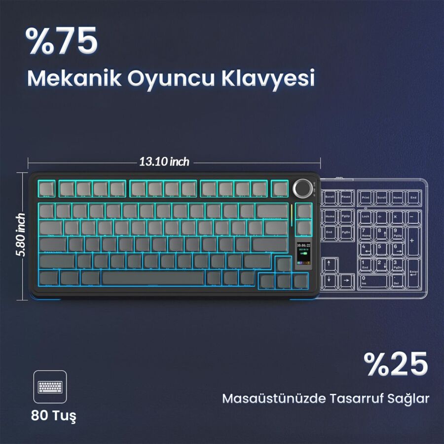 Aula S75 Pro Mekanik RGB TKL Seiya Switch Kablosuz Makrolu Hot Swap Klavye Gradyan Gri - 9