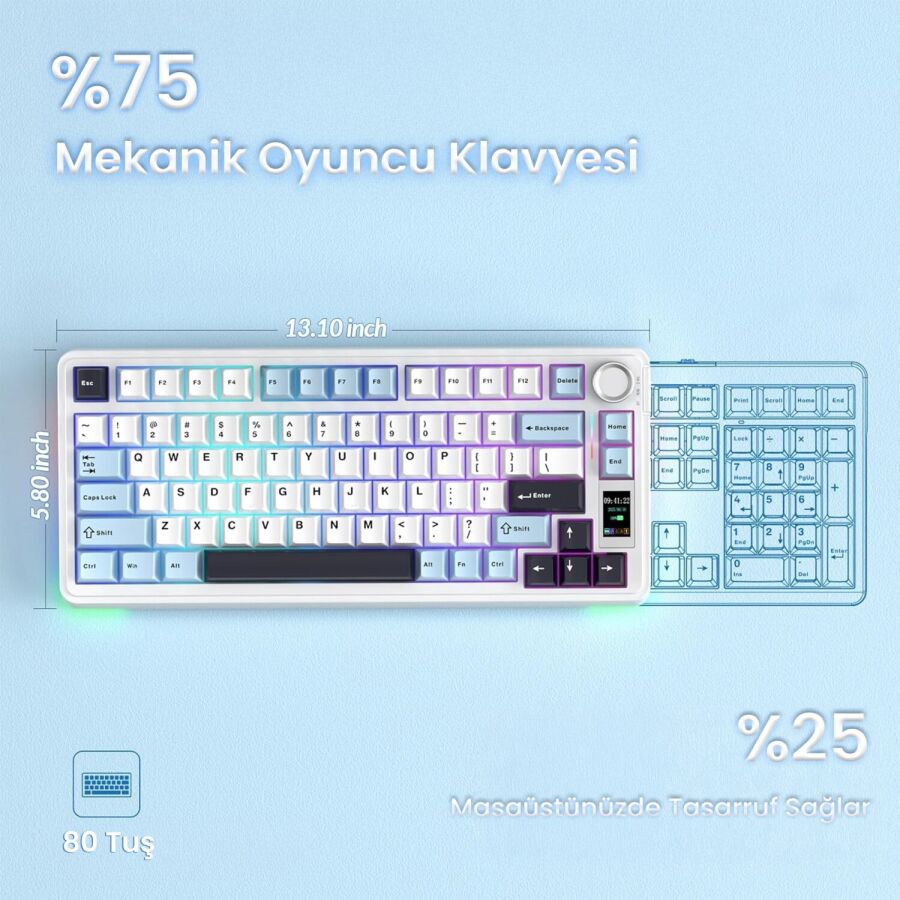 Aula S75 Pro Mekanik RGB TKL Seiya Switch Kablosuz Makrolu Hot Swap Klavye Lacivert - 9