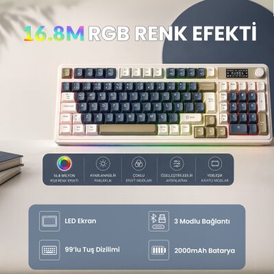 Aula S99 Pro Retro RGB Gaming Bluetooth 2.4GHz Type-C 3 Mod Kablosuz Makrolu Türkçe Q Oyuncu Klavye Lacivert - 6