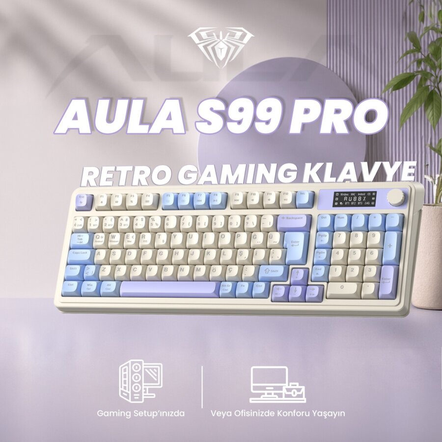 Aula S99 Pro Retro RGB Gaming Bluetooth 2.4GHz Type-C 3 Mod Kablosuz Makrolu Türkçe Q Oyuncu Klavye Mavi - 2