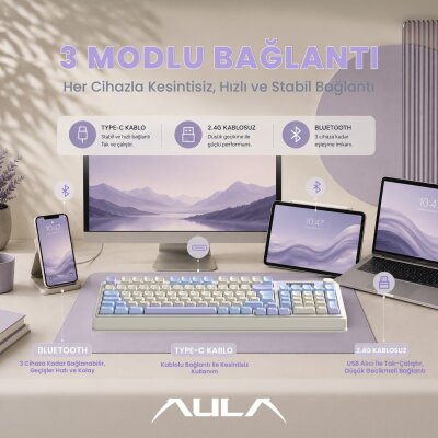 Aula S99 Pro Retro RGB Gaming Bluetooth 2.4GHz Type-C 3 Mod Kablosuz Makrolu Türkçe Q Oyuncu Klavye Mavi - 4