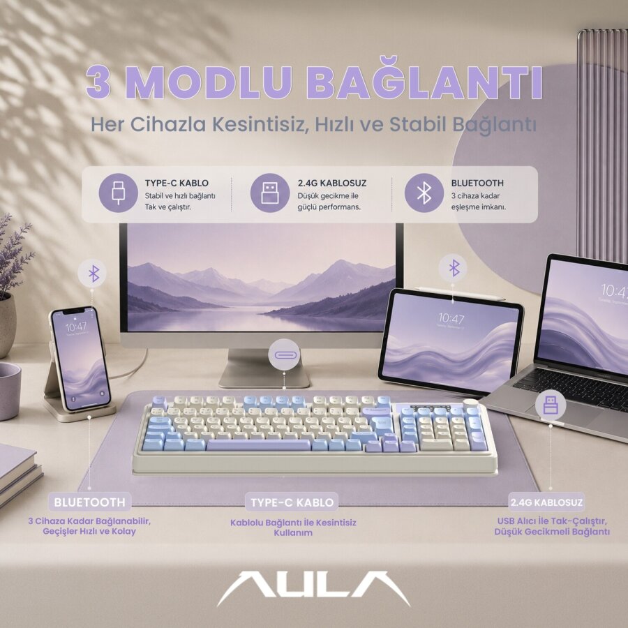 Aula S99 Pro Retro RGB Gaming Bluetooth 2.4GHz Type-C 3 Mod Kablosuz Makrolu Türkçe Q Oyuncu Klavye Mavi - 4