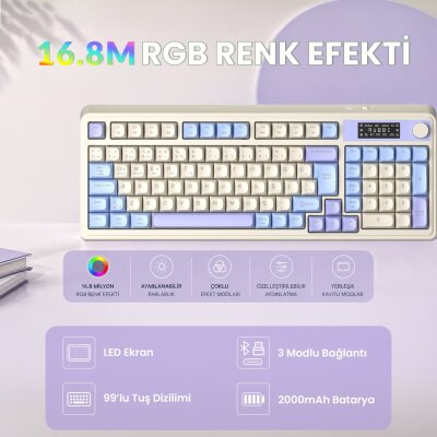 Aula S99 Pro Retro RGB Gaming Bluetooth 2.4GHz Type-C 3 Mod Kablosuz Makrolu Türkçe Q Oyuncu Klavye Mavi - 6
