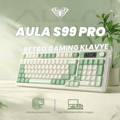 Aula S99 Pro Retro RGB Gaming Bluetooth 2.4GHz Type-C 3 Mod Kablosuz Makrolu Türkçe Q Oyuncu Klavye Yeşil - 2
