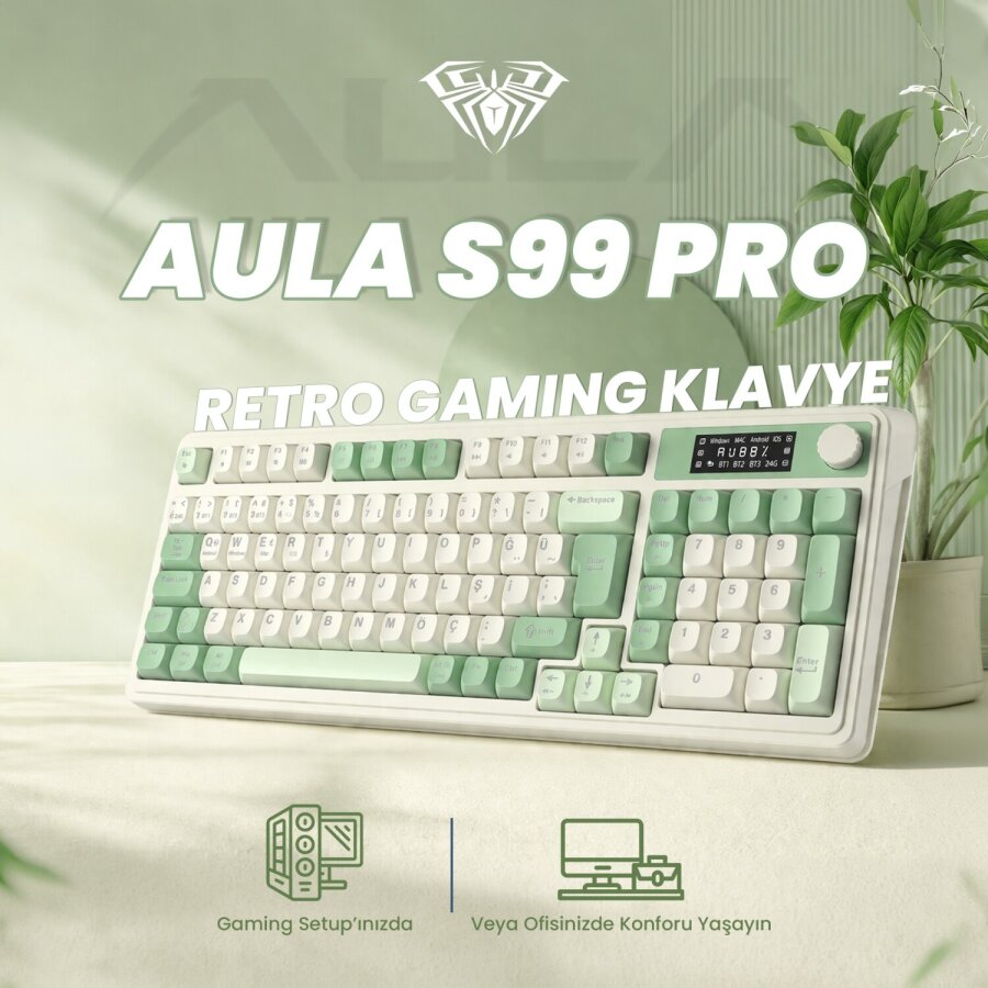 Aula S99 Pro Retro RGB Gaming Bluetooth 2.4GHz Type-C 3 Mod Kablosuz Makrolu Türkçe Q Oyuncu Klavye Yeşil - 2