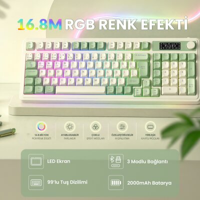 Aula S99 Pro Retro RGB Gaming Bluetooth 2.4GHz Type-C 3 Mod Kablosuz Makrolu Türkçe Q Oyuncu Klavye Yeşil - 6