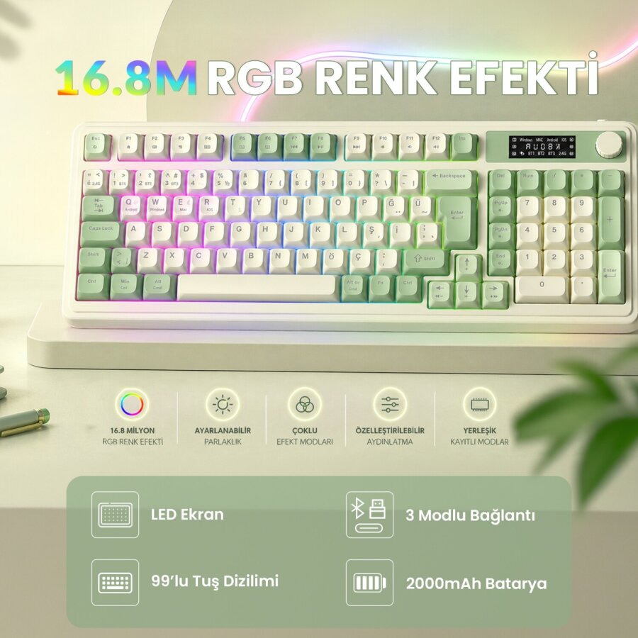 Aula S99 Pro Retro RGB Gaming Bluetooth 2.4GHz Type-C 3 Mod Kablosuz Makrolu Türkçe Q Oyuncu Klavye Yeşil - 6