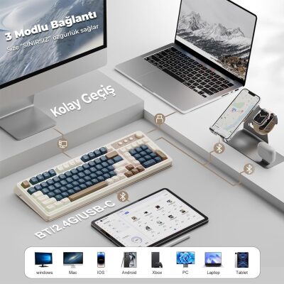 Aula S99 Retro RGB Gaming 3 Modlu Bluetooth/2.4GHz/USB-C Kablosuz Makrolu Türkçe Q Klavye Lacivert - 5