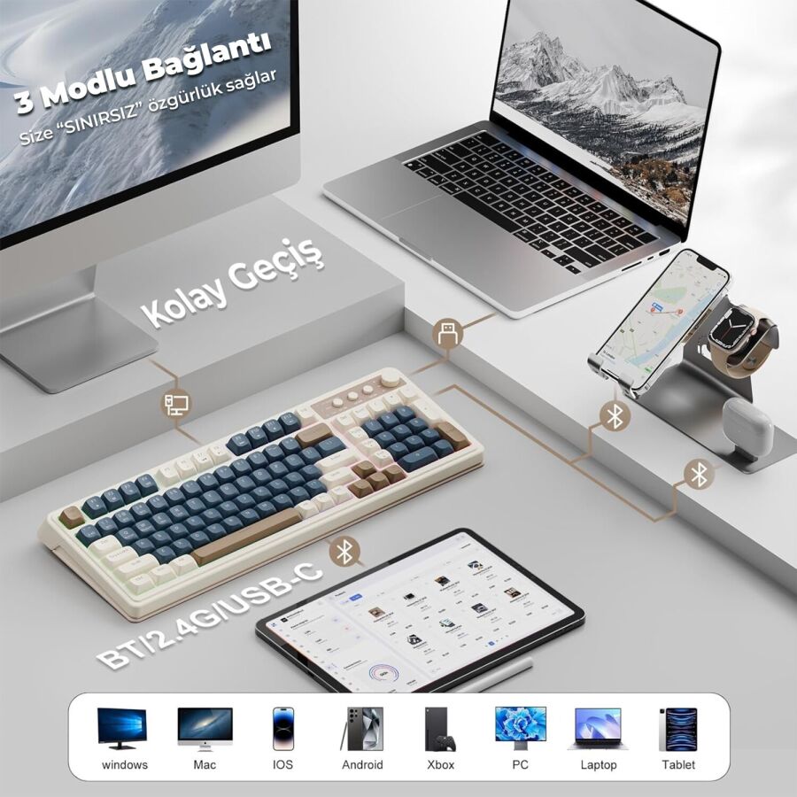 Aula S99 Retro RGB Gaming 3 Modlu Bluetooth/2.4GHz/USB-C Kablosuz Makrolu Türkçe Q Klavye Lacivert - 5