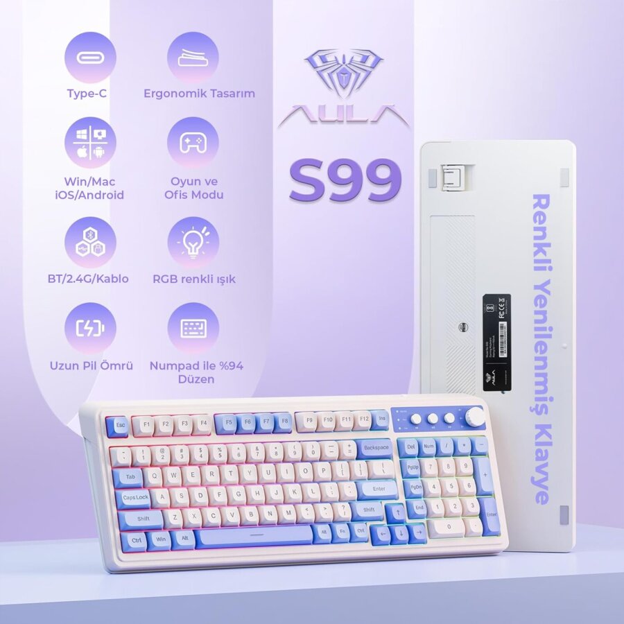 Aula S99 Retro RGB Gaming 3 Modlu Bluetooth/2.4GHz/USB-C Kablosuz Makrolu Türkçe Q Klavye Mavi - 2