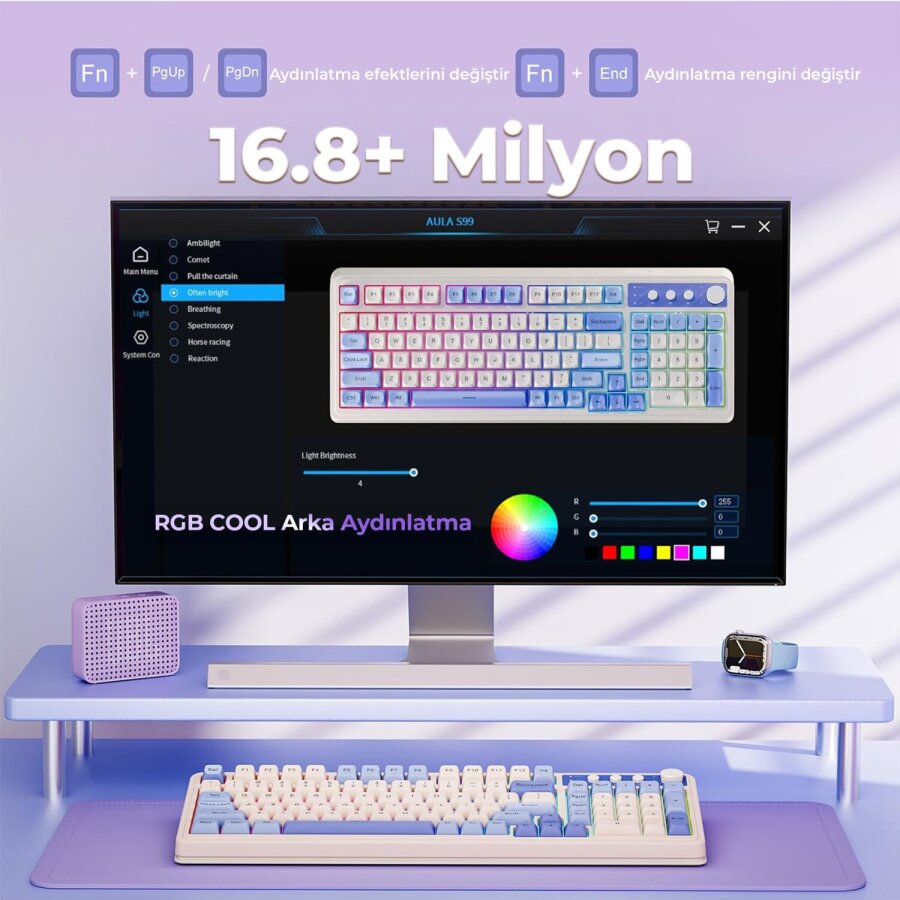 Aula S99 Retro RGB Gaming 3 Modlu Bluetooth/2.4GHz/USB-C Kablosuz Makrolu Türkçe Q Klavye Mavi - 4