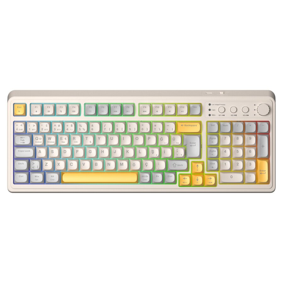 Aula S99 Retro RGB Gaming 3 Modlu Bluetooth/2.4GHz/USB-C Kablosuz Makrolu Türkçe Q Klavye Sarı - 1
