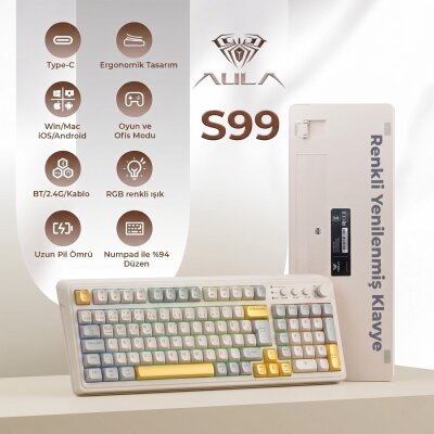Aula S99 Retro RGB Gaming 3 Modlu Bluetooth/2.4GHz/USB-C Kablosuz Makrolu Türkçe Q Klavye Sarı - 2