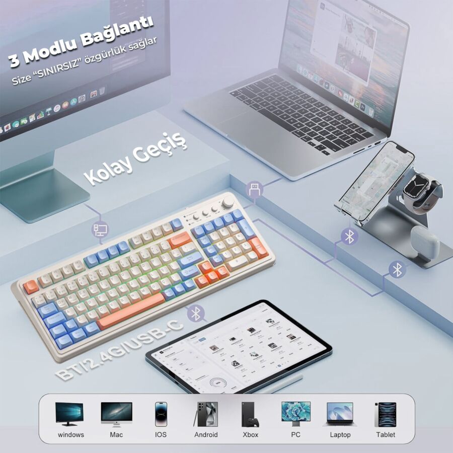 Aula S99 Retro RGB Gaming 3 Modlu Bluetooth/2.4GHz/USB-C Kablosuz Makrolu Türkçe Q Klavye Turuncu - 5