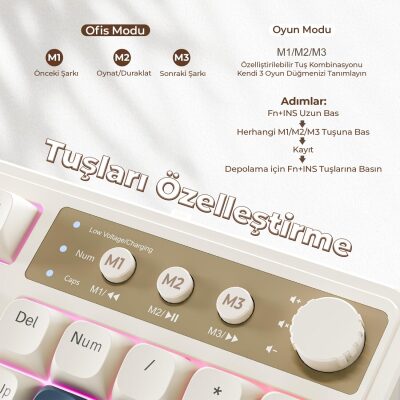 Aula S99 Retro RGB Gaming 3 Modlu Bluetooth/2.4GHz/USB-C Kablosuz Makrolu Türkçe Q Klavye Turuncu - 6