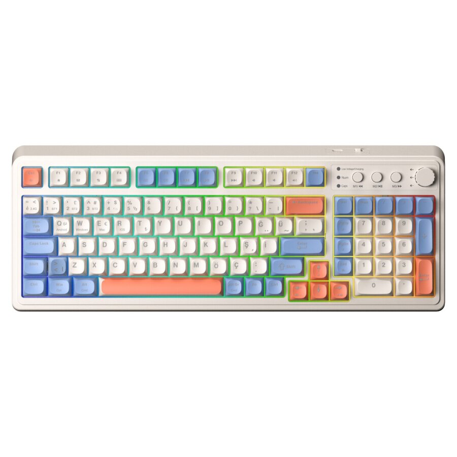Aula S99 Retro RGB Gaming 3 Modlu Bluetooth/2.4GHz/USB-C Kablosuz Makrolu Türkçe Q Klavye Turuncu - 1