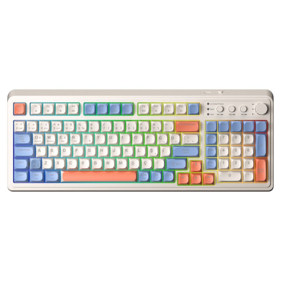 Aula S99 Retro RGB Gaming 3 Modlu Bluetooth/2.4GHz/USB-C Kablosuz Makrolu Türkçe Q Klavye Turuncu - 1