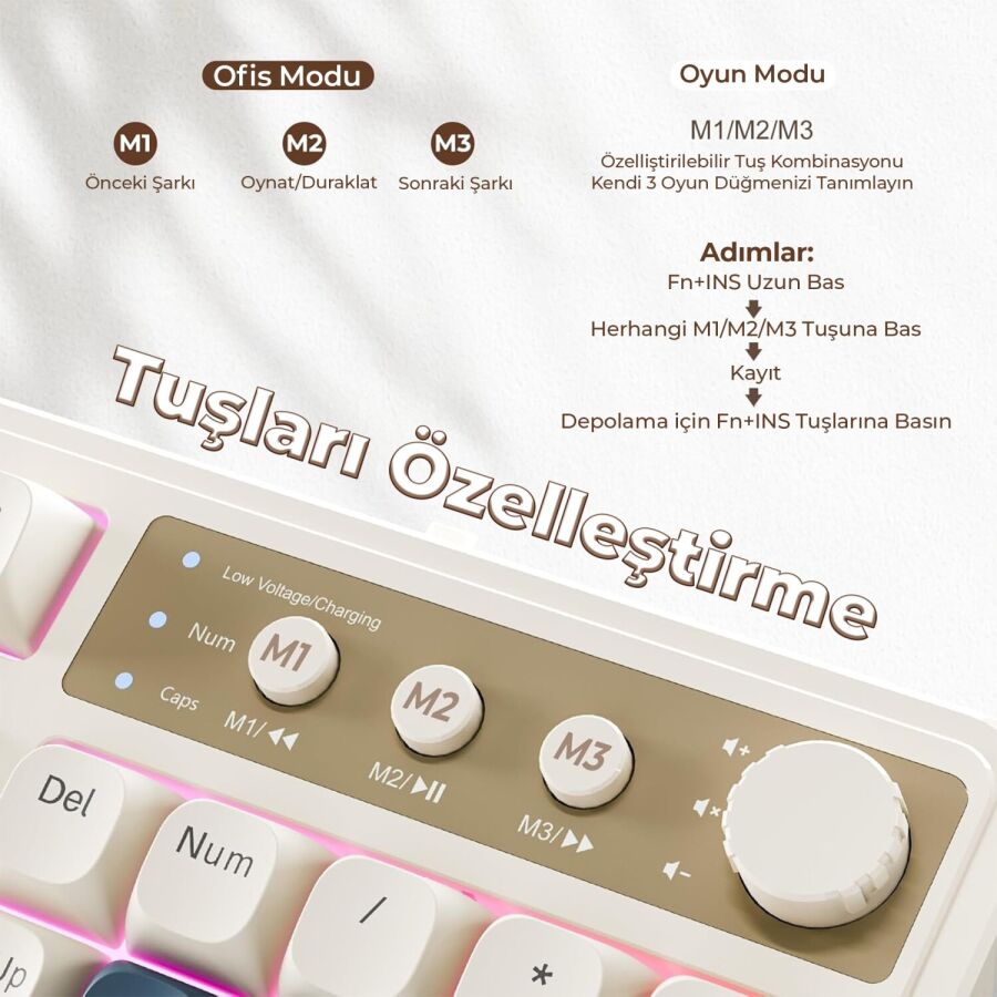 Aula S99 Retro RGB Gaming 3 Modlu Bluetooth/2.4GHz/USB-C Kablosuz Makrolu Türkçe Q Klavye Turuncu - 6