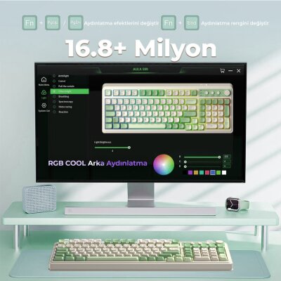 Aula S99 Retro RGB Gaming 3 Modlu Bluetooth/2.4GHz/USB-C Kablosuz Makrolu Türkçe Q Klavye Yeşil - 4
