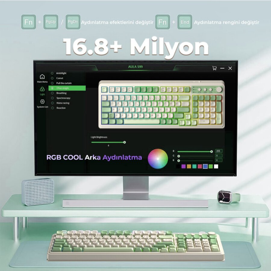 Aula S99 Retro RGB Gaming 3 Modlu Bluetooth/2.4GHz/USB-C Kablosuz Makrolu Türkçe Q Klavye Yeşil - 4