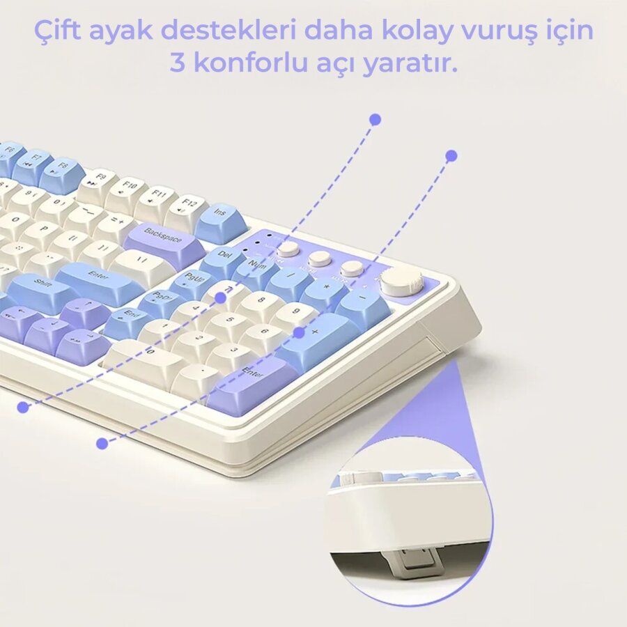 Aula S99 Retro RGB Gaming 3 Modlu Bluetooth/2.4GHz/USB-C Kablosuz Makrolu Türkçe Q Klavye Yeşil - 5