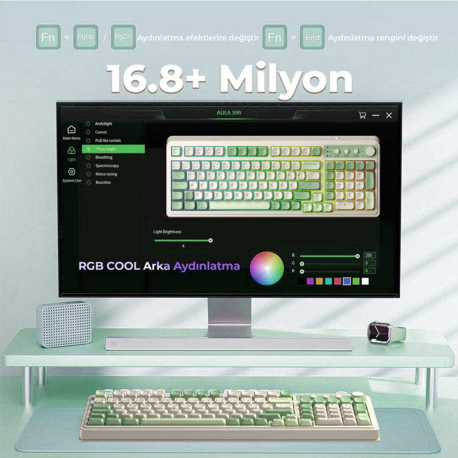 Aula S99 Retro RGB Gaming 3 Modlu Bluetooth/2.4GHz/USB-C Kablosuz Makrolu Türkçe Q Klavye Yeşil - 4