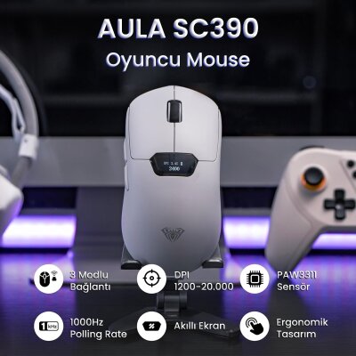 Aula SC390 Akıllı Ekranlı PAW3311 Sensör 20000 DPI 1000Hz Kablosuz ve Kablolu Gaming Oyuncu Mouse 2.4GHz Beyaz - 2