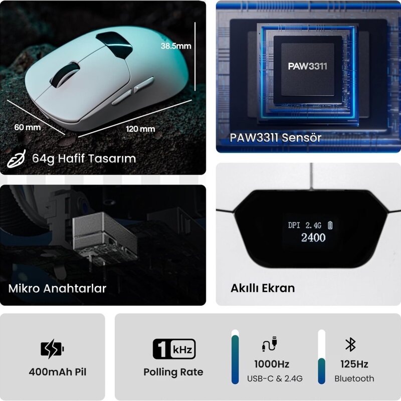 Aula SC390 Akıllı Ekranlı PAW3311 Sensör 20000 DPI 1000Hz Kablosuz ve Kablolu Gaming Oyuncu Mouse 2.4GHz Beyaz - 3