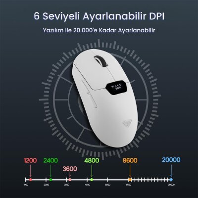 Aula SC390 Akıllı Ekranlı PAW3311 Sensör 20000 DPI 1000Hz Kablosuz ve Kablolu Gaming Oyuncu Mouse 2.4GHz Beyaz - 5