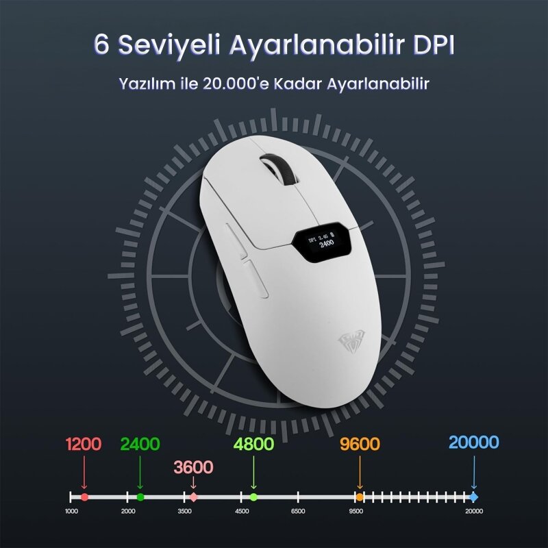 Aula SC390 Akıllı Ekranlı PAW3311 Sensör 20000 DPI 1000Hz Kablosuz ve Kablolu Gaming Oyuncu Mouse 2.4GHz Beyaz - 5