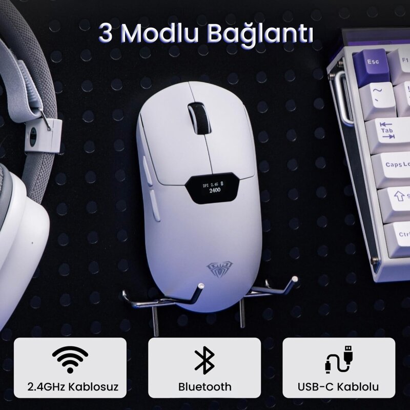 Aula SC390 Akıllı Ekranlı PAW3311 Sensör 20000 DPI 1000Hz Kablosuz ve Kablolu Gaming Oyuncu Mouse 2.4GHz Beyaz - 6