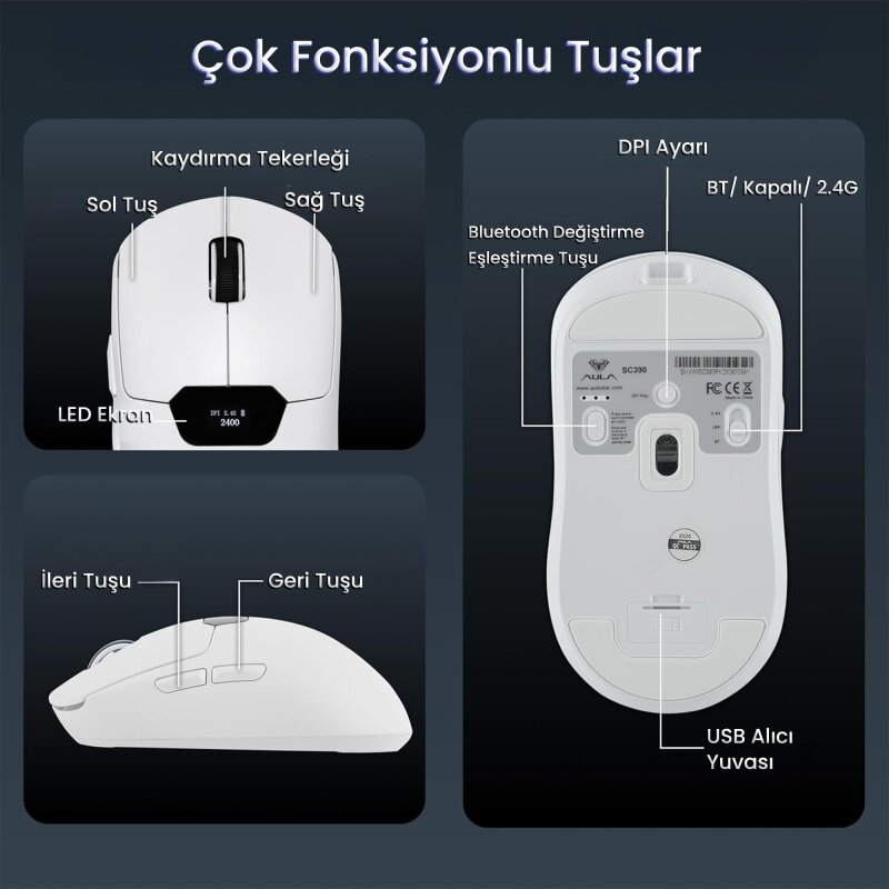 Aula SC390 Akıllı Ekranlı PAW3311 Sensör 20000 DPI 1000Hz Kablosuz ve Kablolu Gaming Oyuncu Mouse 2.4GHz Beyaz - 7
