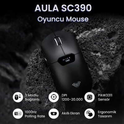 Aula SC390 Akıllı Ekranlı PAW3311 Sensör 20000 DPI 1000Hz Kablosuz ve Kablolu Gaming Oyuncu Mouse 2.4GHz Siyah - 2