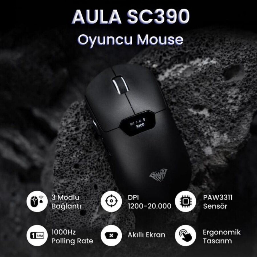 Aula SC390 Akıllı Ekranlı PAW3311 Sensör 20000 DPI 1000Hz Kablosuz ve Kablolu Gaming Oyuncu Mouse 2.4GHz Siyah - 2