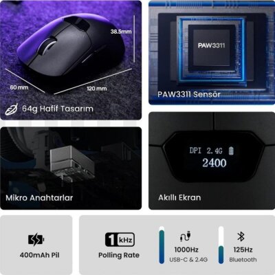 Aula SC390 Akıllı Ekranlı PAW3311 Sensör 20000 DPI 1000Hz Kablosuz ve Kablolu Gaming Oyuncu Mouse 2.4GHz Siyah - 3