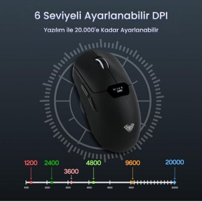 Aula SC390 Akıllı Ekranlı PAW3311 Sensör 20000 DPI 1000Hz Kablosuz ve Kablolu Gaming Oyuncu Mouse 2.4GHz Siyah - 5
