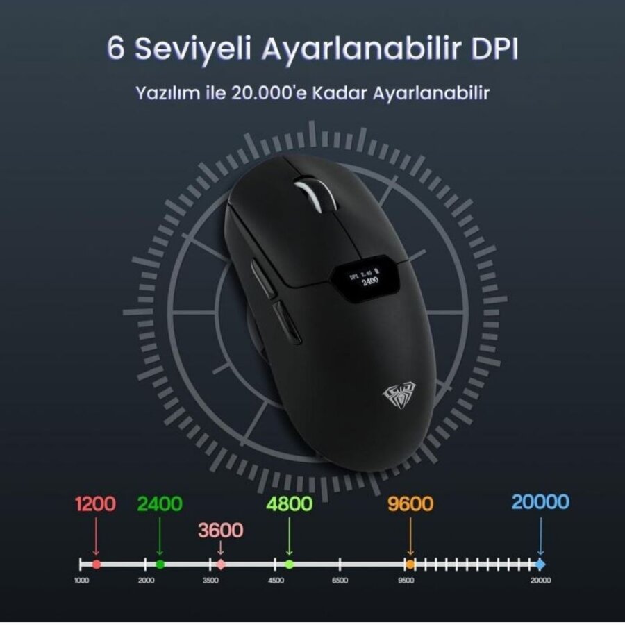 Aula SC390 Akıllı Ekranlı PAW3311 Sensör 20000 DPI 1000Hz Kablosuz ve Kablolu Gaming Oyuncu Mouse 2.4GHz Siyah - 5