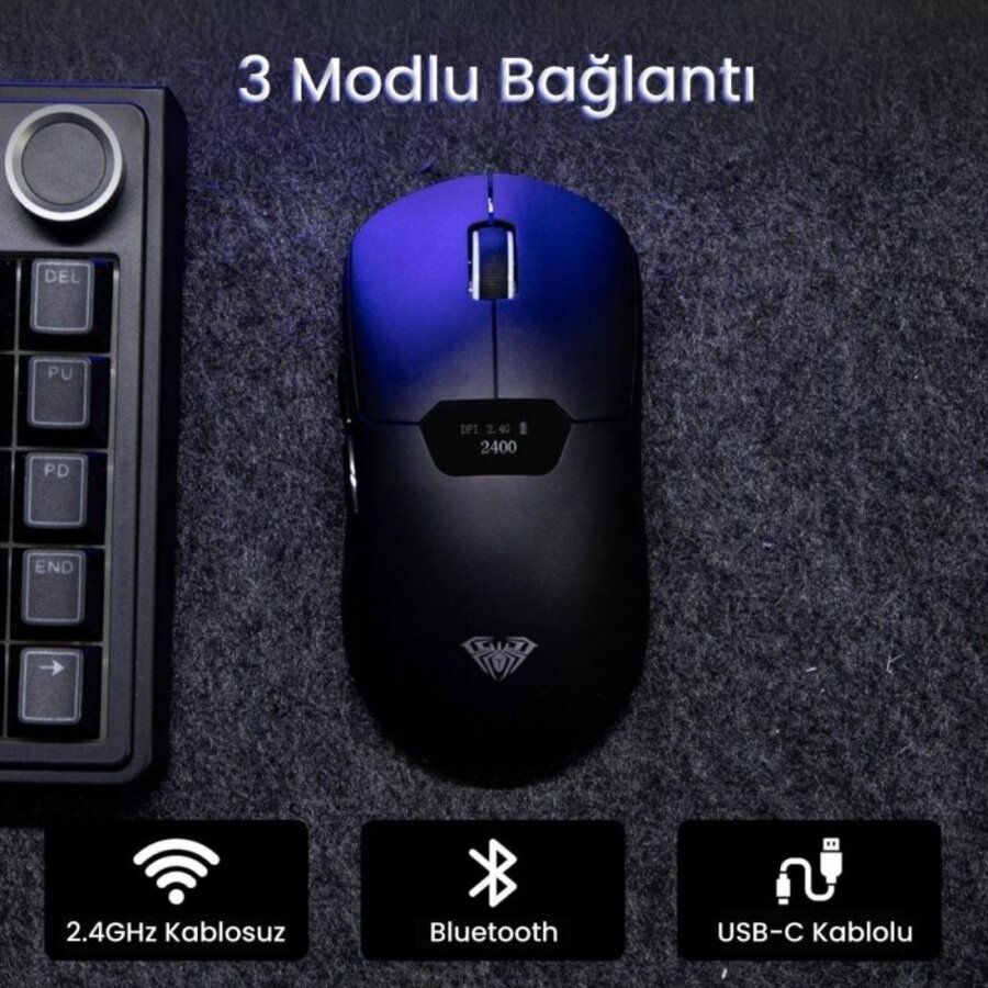 Aula SC390 Akıllı Ekranlı PAW3311 Sensör 20000 DPI 1000Hz Kablosuz ve Kablolu Gaming Oyuncu Mouse 2.4GHz Siyah - 6