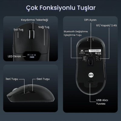 Aula SC390 Akıllı Ekranlı PAW3311 Sensör 20000 DPI 1000Hz Kablosuz ve Kablolu Gaming Oyuncu Mouse 2.4GHz Siyah - 7