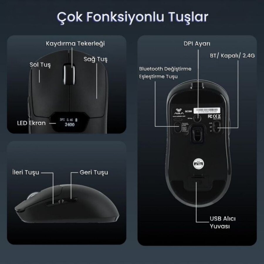 Aula SC390 Akıllı Ekranlı PAW3311 Sensör 20000 DPI 1000Hz Kablosuz ve Kablolu Gaming Oyuncu Mouse 2.4GHz Siyah - 7