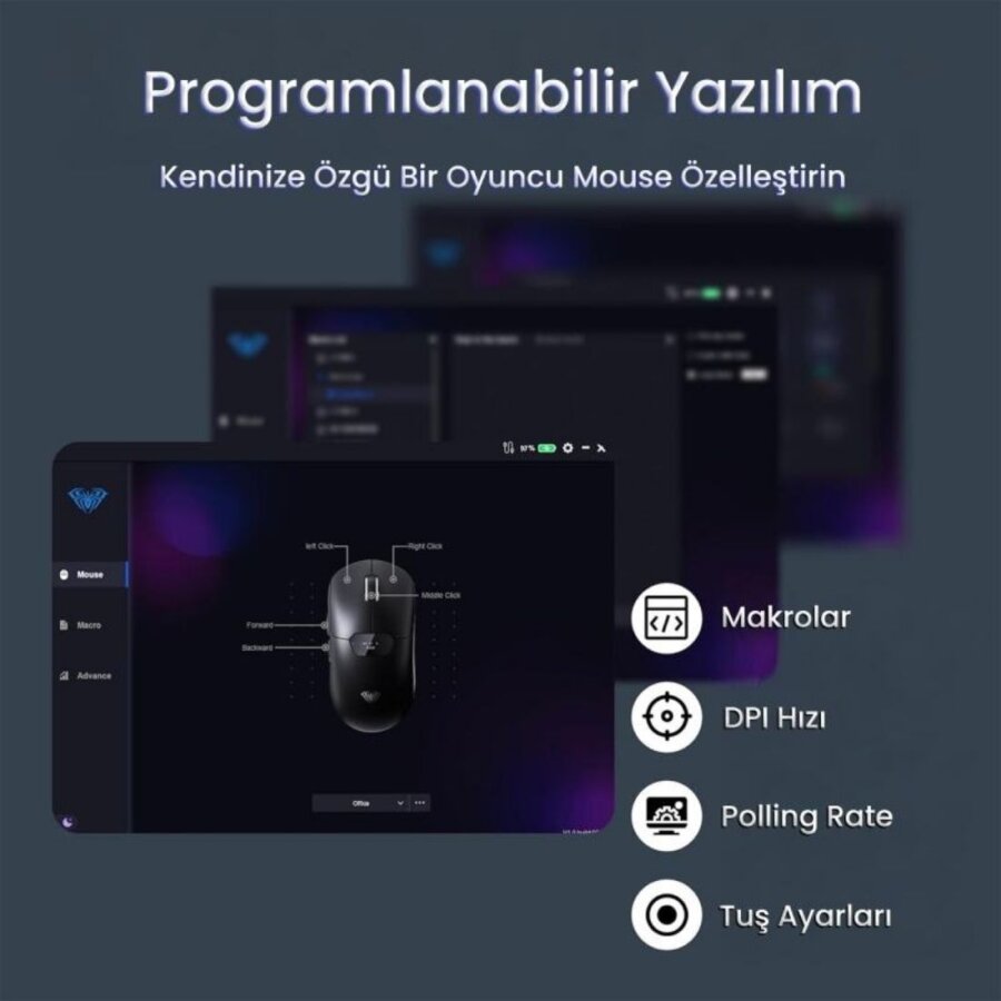 Aula SC390 Akıllı Ekranlı PAW3311 Sensör 20000 DPI 1000Hz Kablosuz ve Kablolu Gaming Oyuncu Mouse 2.4GHz Siyah - 8