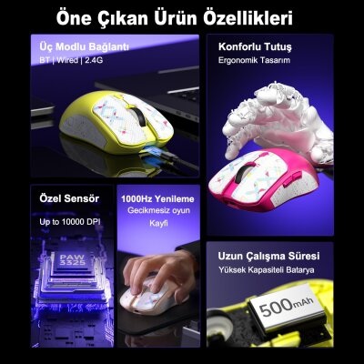 Aula SC580X LightWeight PAW3311 Sensör 10000 DPI 1000Hz Kablolu ve Kablosuz Gaming Oyuncu Mouse Beyaz - 4