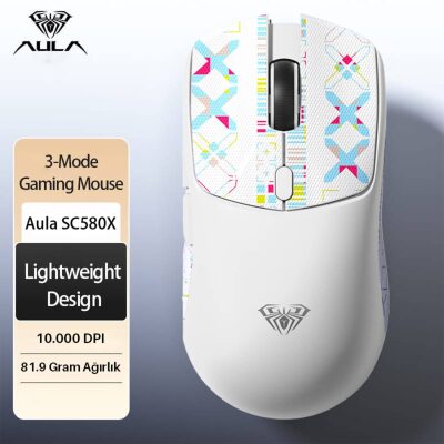 Aula SC580X LightWeight PAW3395 Sensör 10000 DPI 1000Hz Kablolu ve Kablosuz Gaming Oyuncu Mouse Beyaz - 3