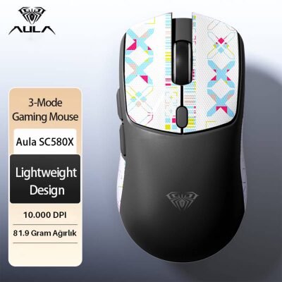 Aula SC580X LightWeight PAW3395 Sensör 10000 DPI 1000Hz Kablolu ve Kablosuz Gaming Oyuncu Mouse Siyah - 3