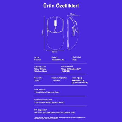 Aula SC580X LightWeight PAW3395 Sensör 10000 DPI 1000Hz Kablolu ve Kablosuz Gaming Oyuncu Mouse Siyah - 8