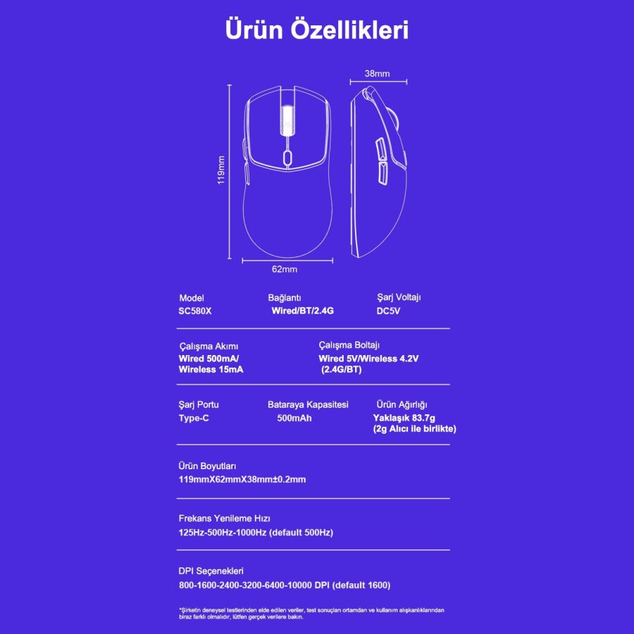 Aula SC580X LightWeight PAW3395 Sensör 10000 DPI 1000Hz Kablolu ve Kablosuz Gaming Oyuncu Mouse Siyah - 8