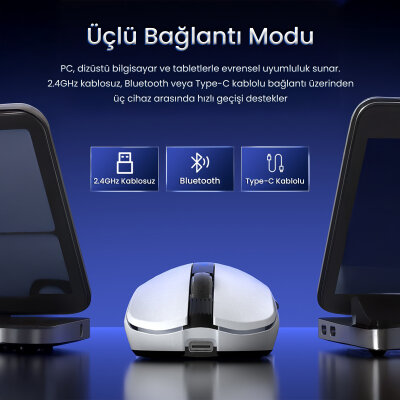 Aula SC590 Pro PAW3311 20000 DPI 1000Hz Tri-Mode Bluetooth 2.4GHz Kablosuz Dijital Ekranlı Hafif Gaming Oyuncu Mouse Beyaz - 5
