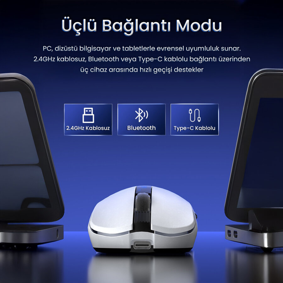 Aula SC590 Pro PAW3311 20000 DPI 1000Hz Tri-Mode Bluetooth 2.4GHz Kablosuz Dijital Ekranlı Hafif Gaming Oyuncu Mouse Beyaz - 5